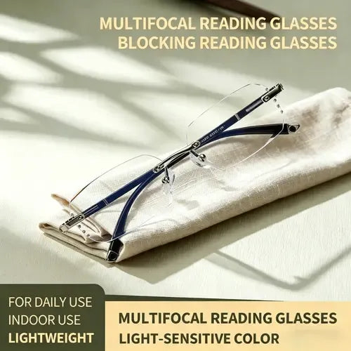 Diamond Edge Frameless Glasses – Blue Light Blocking Clear Readers for Men & Women. Lightweight Metal Temple Decor, Ideal for Gaming, Office, or Street Style.