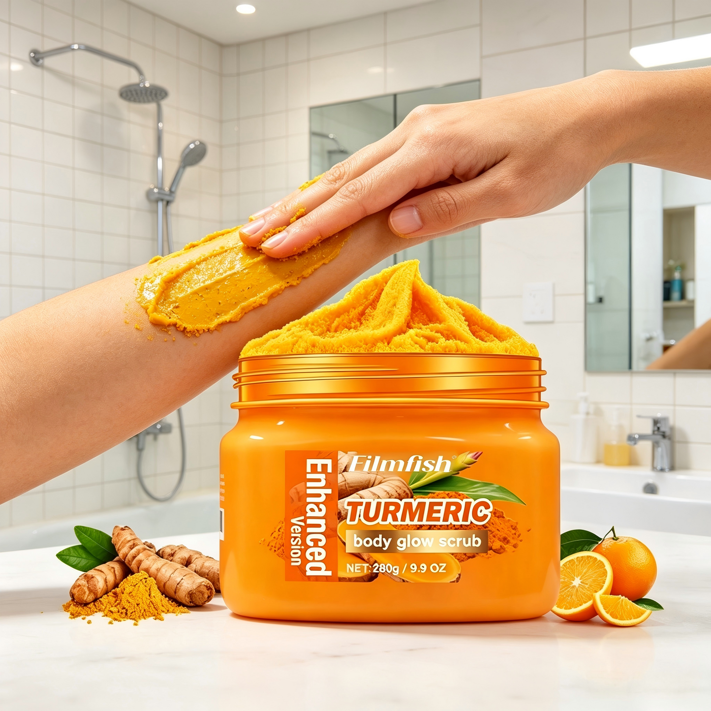 Turmeric Nourishing Scrub 280g - Infused with natural turmeric extract and moisturizing ingredients. Gently exfoliates while deeply hydrating the skin, leaving it smooth, supple, and radiant.