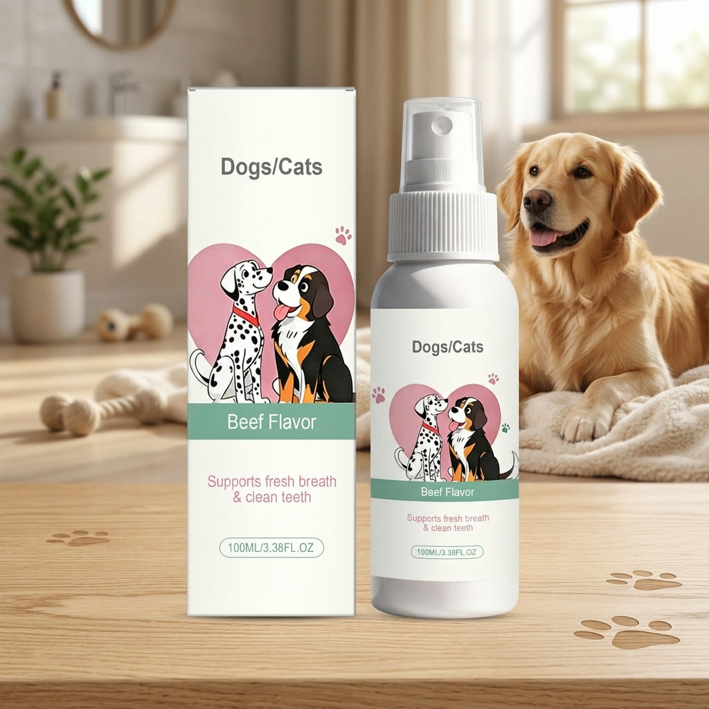 Pet Oral Spray for Dogs & Cats - Breath Freshener, Teeth Cleaning & Gum Care, No Brushing Required, Beef Flavor 100ML