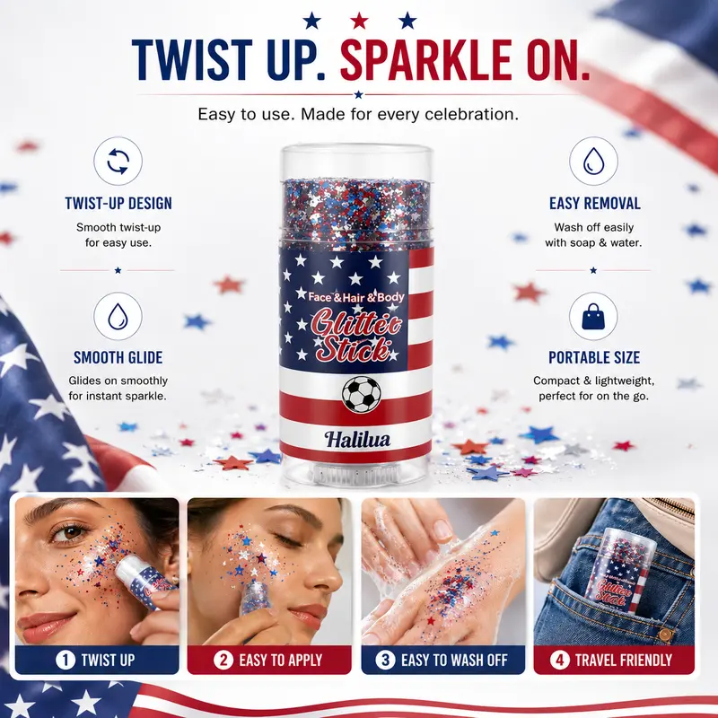 4th of July Glitter Stick | Red, White & Blue Body & Hair Sparkle for Independence Day Party, Festival & Fun Holiday Look