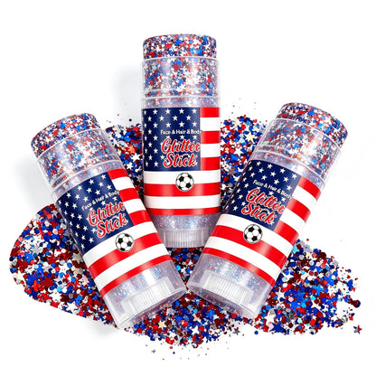 4th of July Glitter Stick | Red, White & Blue Body & Hair Sparkle for Independence Day Party, Festival & Fun Holiday Look