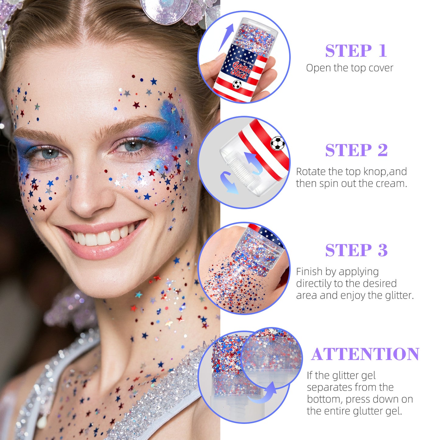 4th of July Glitter Stick | Red, White & Blue Body & Hair Sparkle for Independence Day Party, Festival & Fun Holiday Look
