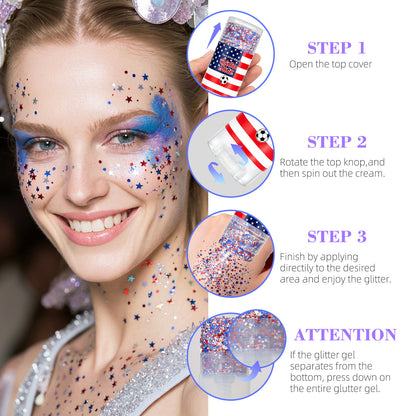 4th of July Glitter Stick | Red, White & Blue Body & Hair Sparkle for Independence Day Party, Festival & Fun Holiday Look