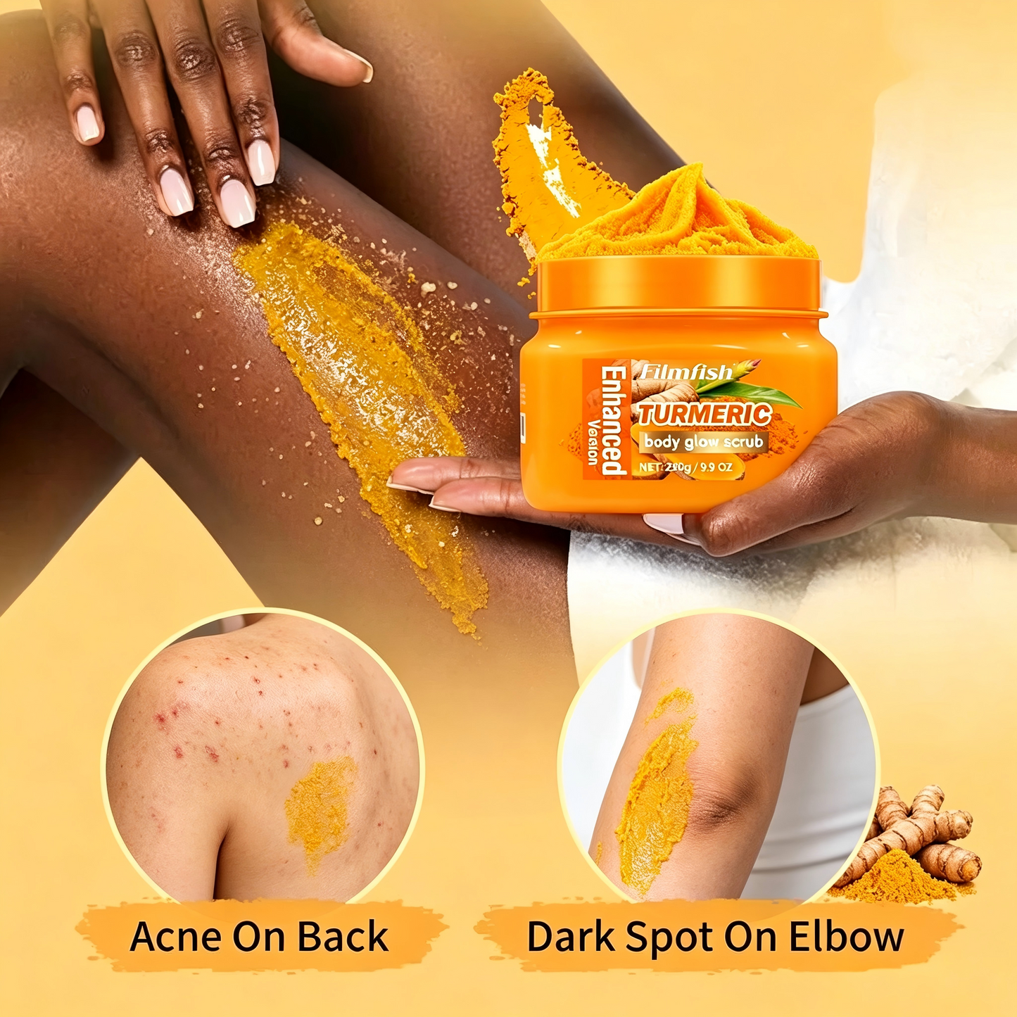 Turmeric Nourishing Scrub 280g - Infused with natural turmeric extract and moisturizing ingredients. Gently exfoliates while deeply hydrating the skin, leaving it smooth, supple, and radiant.
