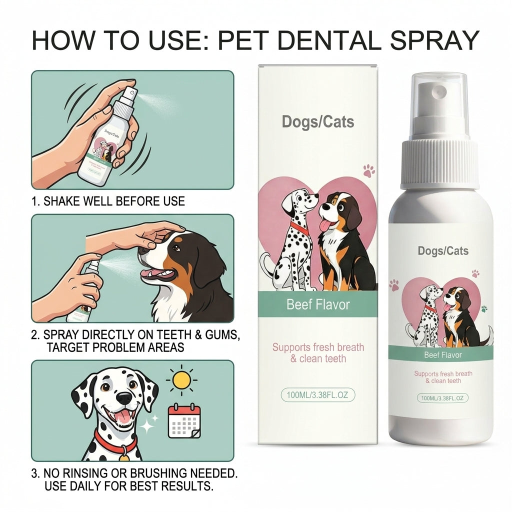 Pet Oral Spray for Dogs & Cats - Breath Freshener, Teeth Cleaning & Gum Care, No Brushing Required, Beef Flavor 100ML