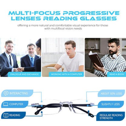 Diamond Edge Frameless Glasses – Blue Light Blocking Clear Readers for Men & Women. Lightweight Metal Temple Decor, Ideal for Gaming, Office, or Street Style.