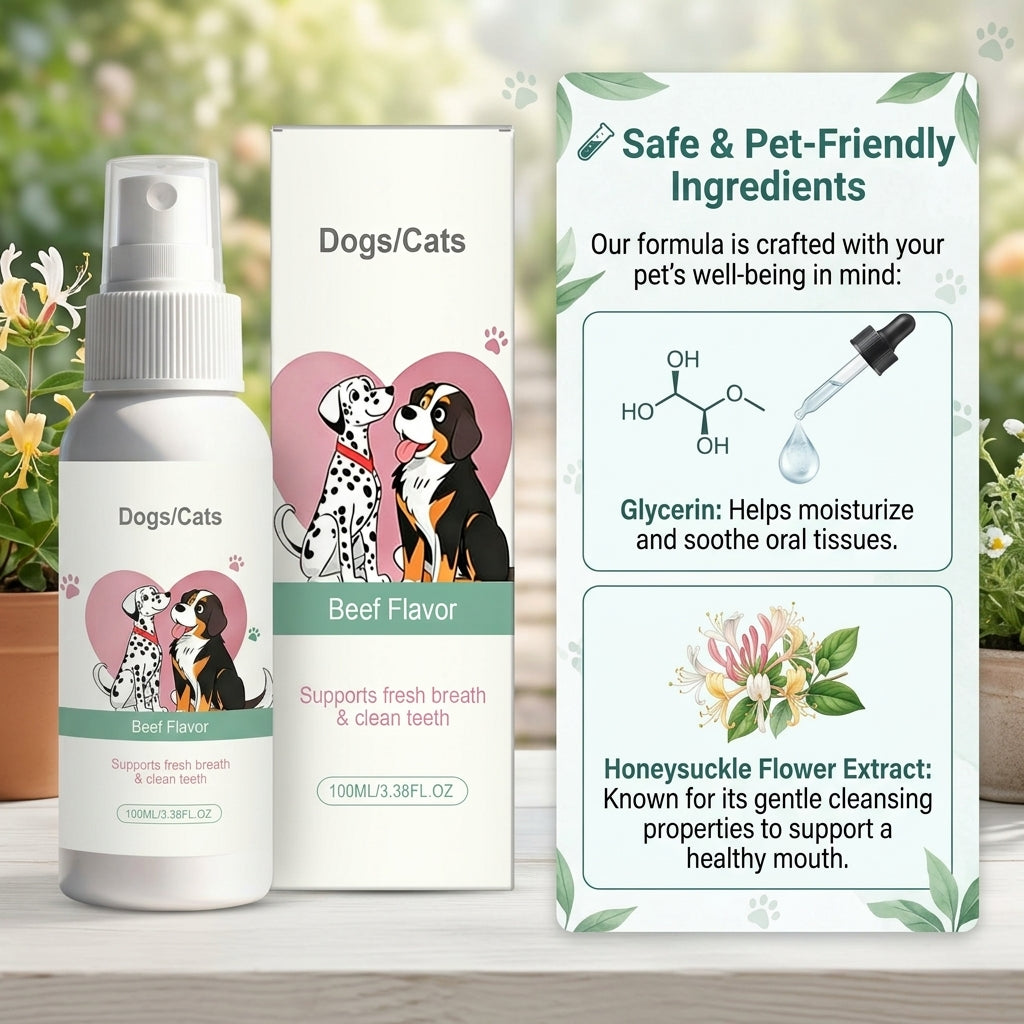 Pet Oral Spray for Dogs & Cats - Breath Freshener, Teeth Cleaning & Gum Care, No Brushing Required, Beef Flavor 100ML