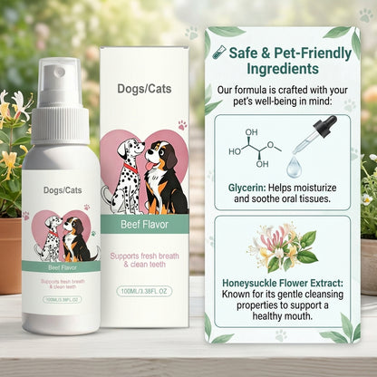 Pet Oral Spray for Dogs & Cats - Breath Freshener, Teeth Cleaning & Gum Care, No Brushing Required, Beef Flavor 100ML