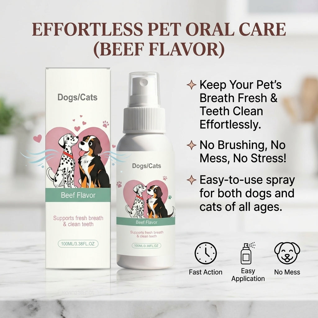 Pet Oral Spray for Dogs & Cats - Breath Freshener, Teeth Cleaning & Gum Care, No Brushing Required, Beef Flavor 100ML